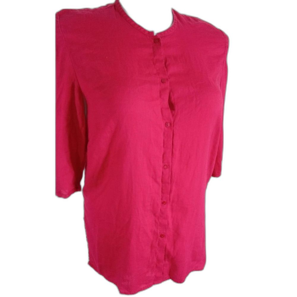 Sarah Spencer Woman 1X Top Bright Pink‎ 100% Linen Button Front 3/4 Sl - Picture 2 of 5